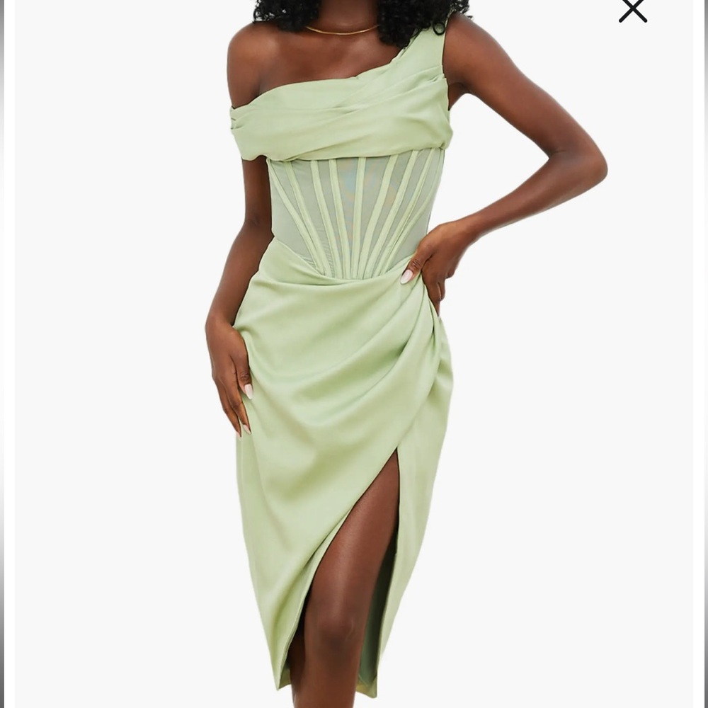 Lulu Corset One-Shoulder Satin Midi Dress